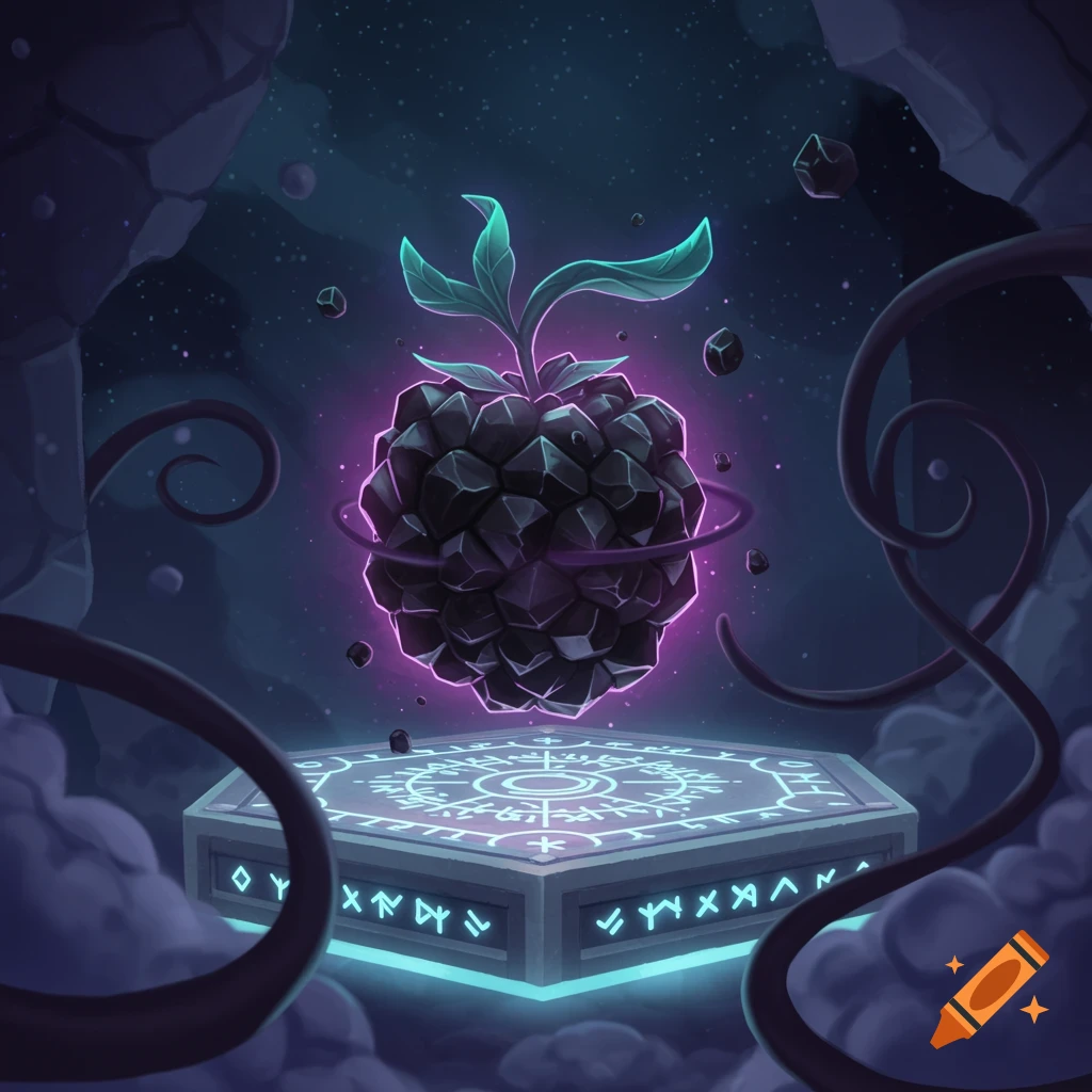 A glowing purple and teal crystalline fruit with green leaves floats above a hexagonal pedestal adorned with ancient runes, in a dark, cosmic cave.