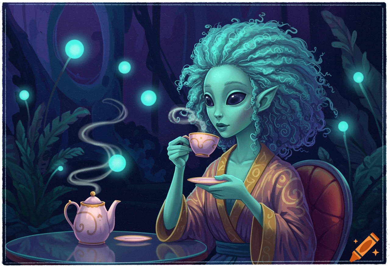 Illustration of a green-skinned alien lady with curly blue hair drinking tea in a dark, glowing fantasy forest.