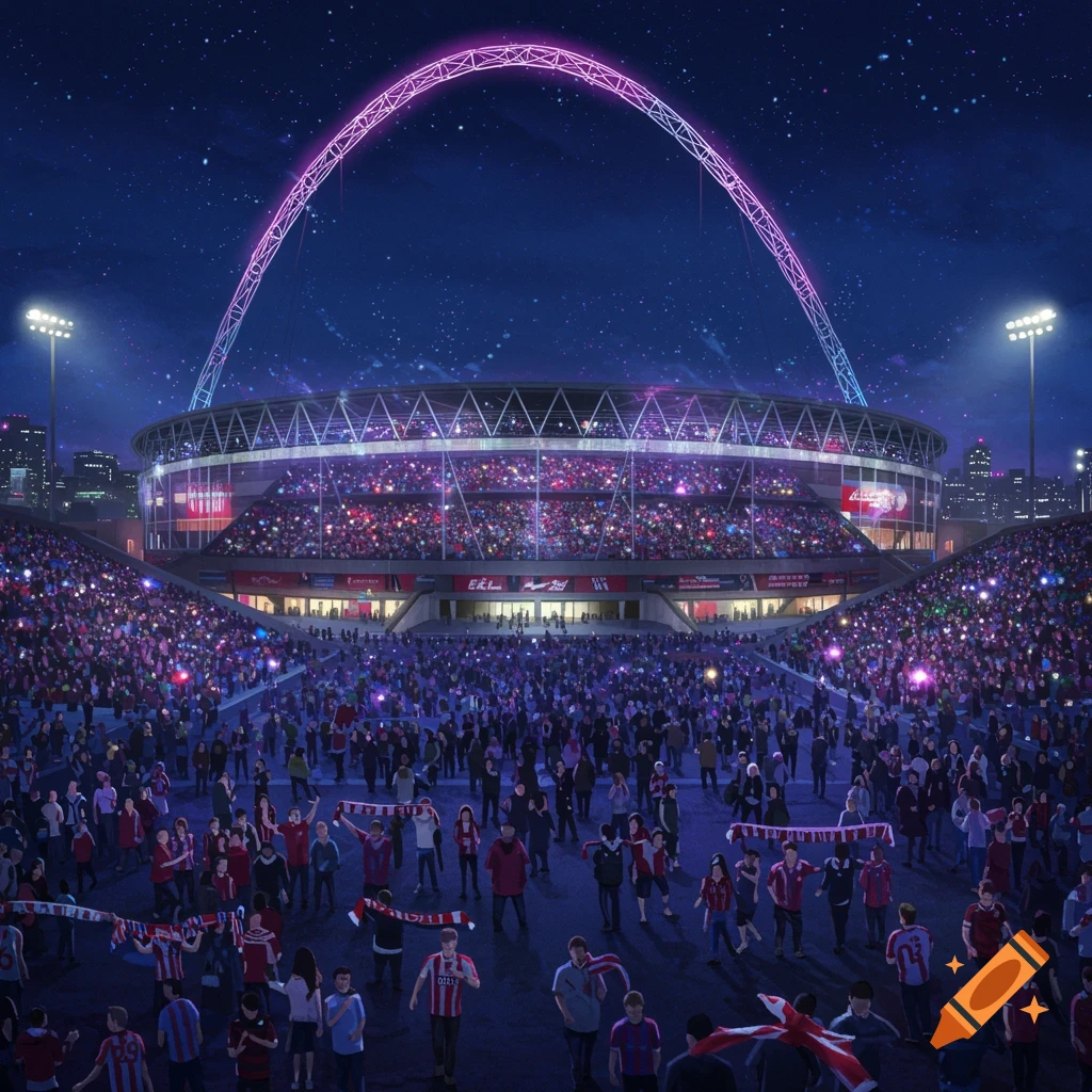 A night view of Wembley Stadium packed with a crowd of people under a starry sky, with the iconic arch lit in pink.