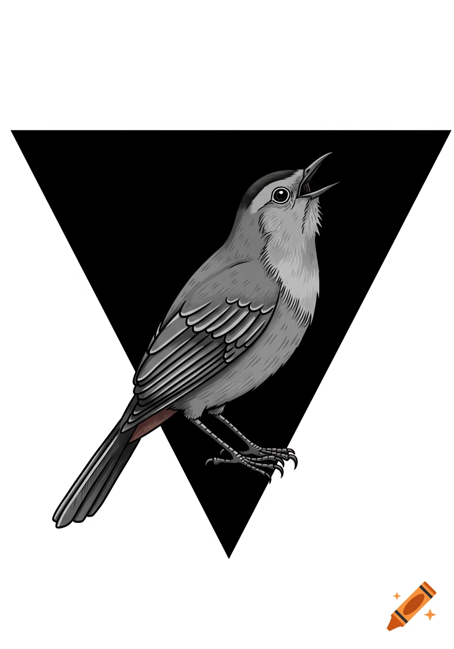 A gray bird with an open beak, styled like a classic tattoo, sits in front of a black inverted triangle.