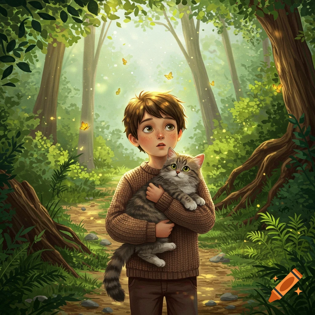 A young boy with freckles holding a tabby cat while standing on a path in a bright, green forest with sunlight and butterflies.