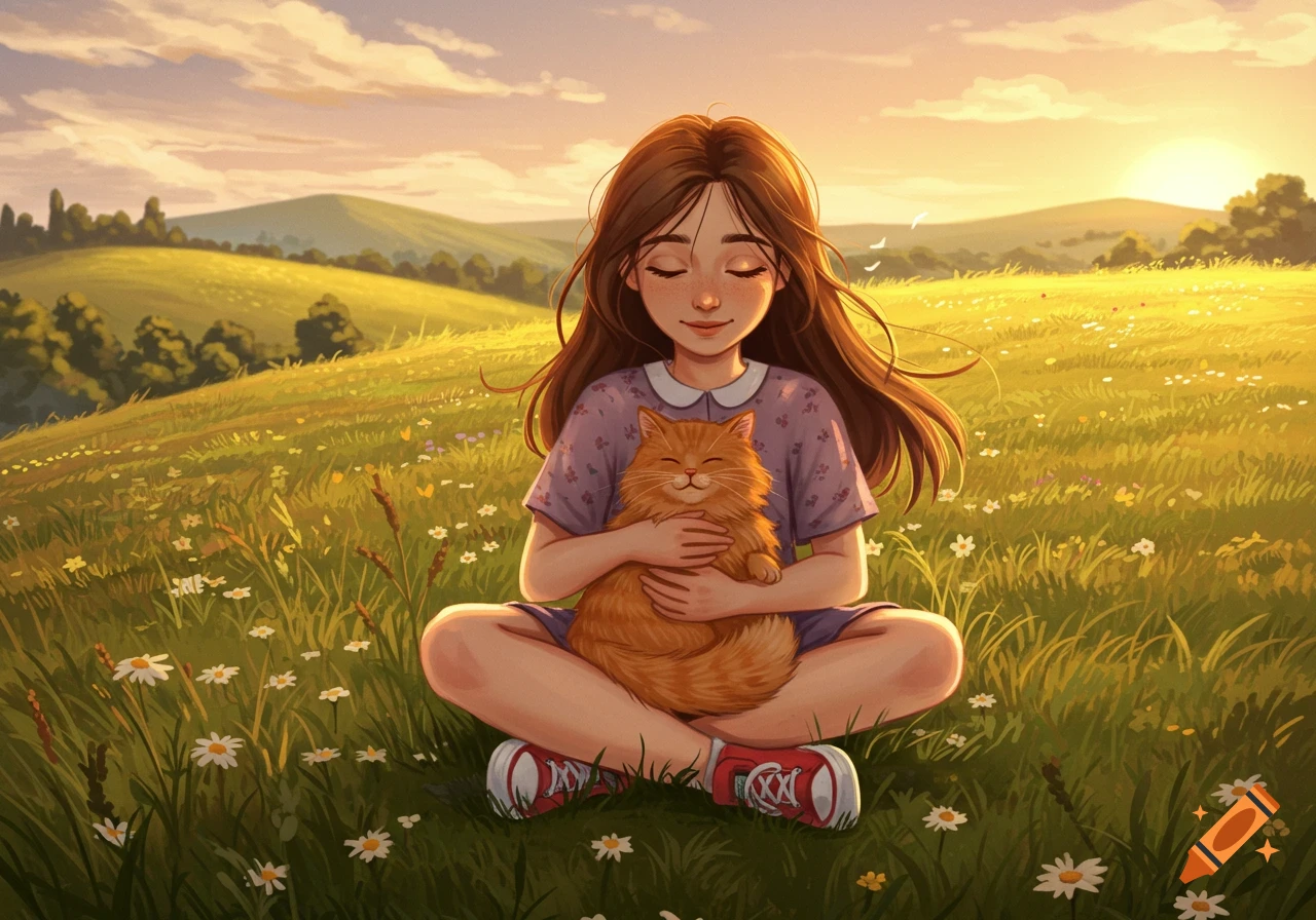 An illustrative image of a young girl hugging an orange cat in a sunlit field with flowers at sunset.
