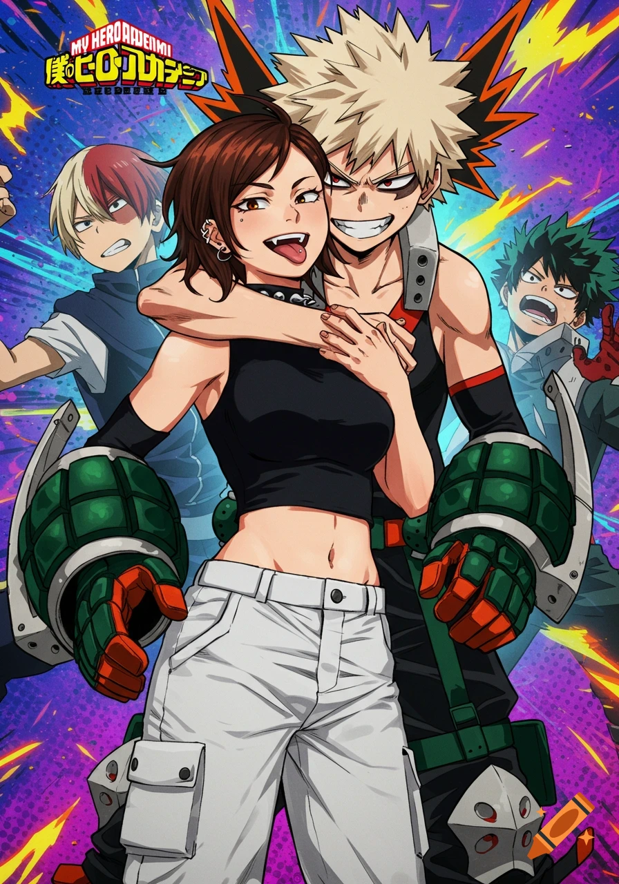 Anime illustration of a brown-haired girl in a black crop top hugging Katsuki Bakugo, with other My Hero Academia characters in the background.