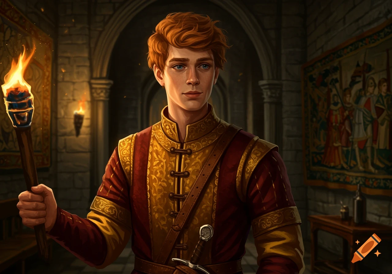 A young, red-haired man in medieval attire holds a lit torch in a castle hall with a tapestry.