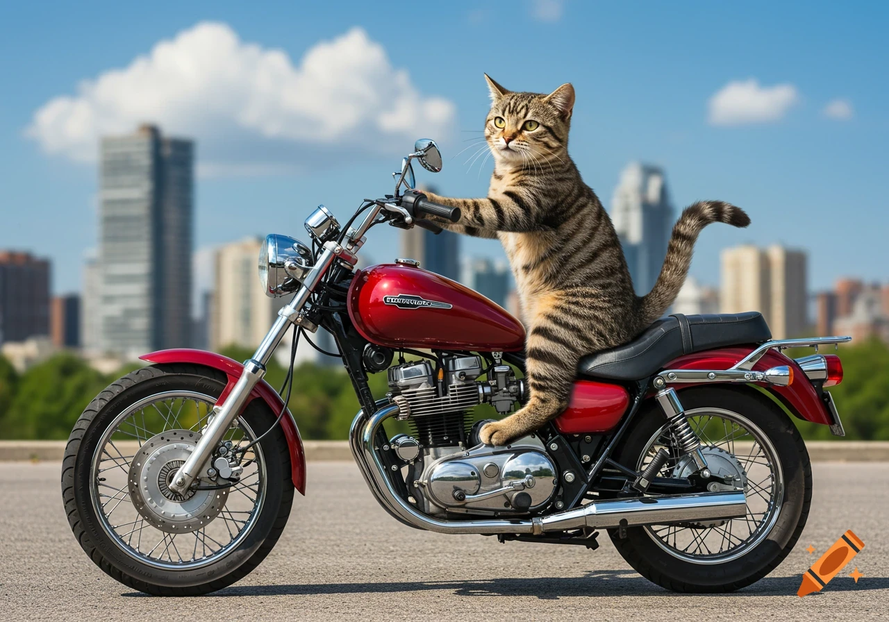 A photorealistic tabby cat rides a red motorcycle on an urban street with city buildings in the background.