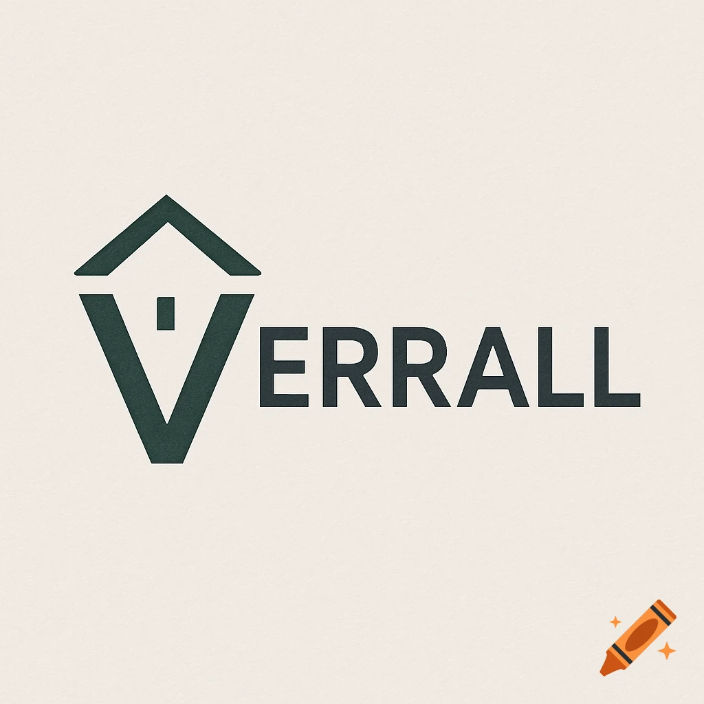 A minimalist logo for VERRALL, featuring the letter V stylized as a dark green house icon next to the rest of the name.