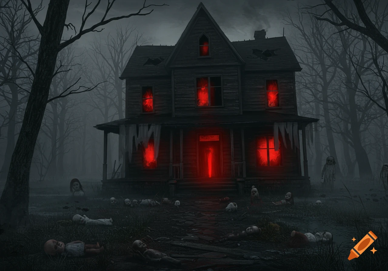 A dark, dilapidated haunted house with glowing red windows in a foggy, dead forest, surrounded by scattered headless and broken dolls.