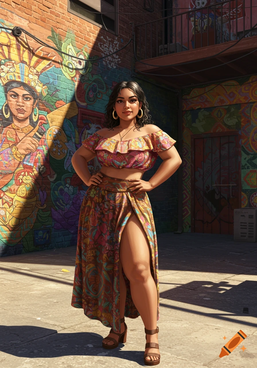 A confident Latina woman in a vibrant crop top and high-waisted skirt stands in front of colorful street art in an urban setting.