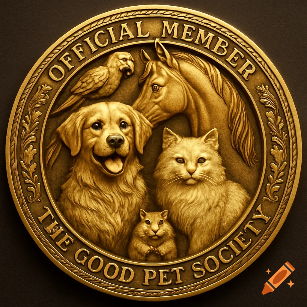 A gold medal with bas-reliefs of a golden retriever, cat, parrot, horse, and hamster, inscribed 'Official Member - The Good Pet Society'.
