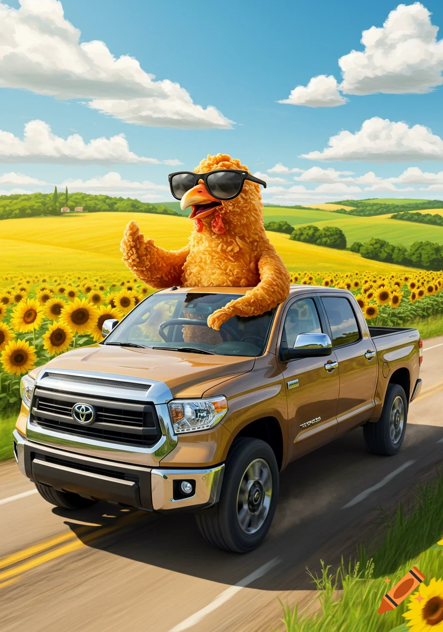 A whimsical fried chicken wearing sunglasses drives a gold Toyota Tundra through a vibrant sunflower field under a blue sky.