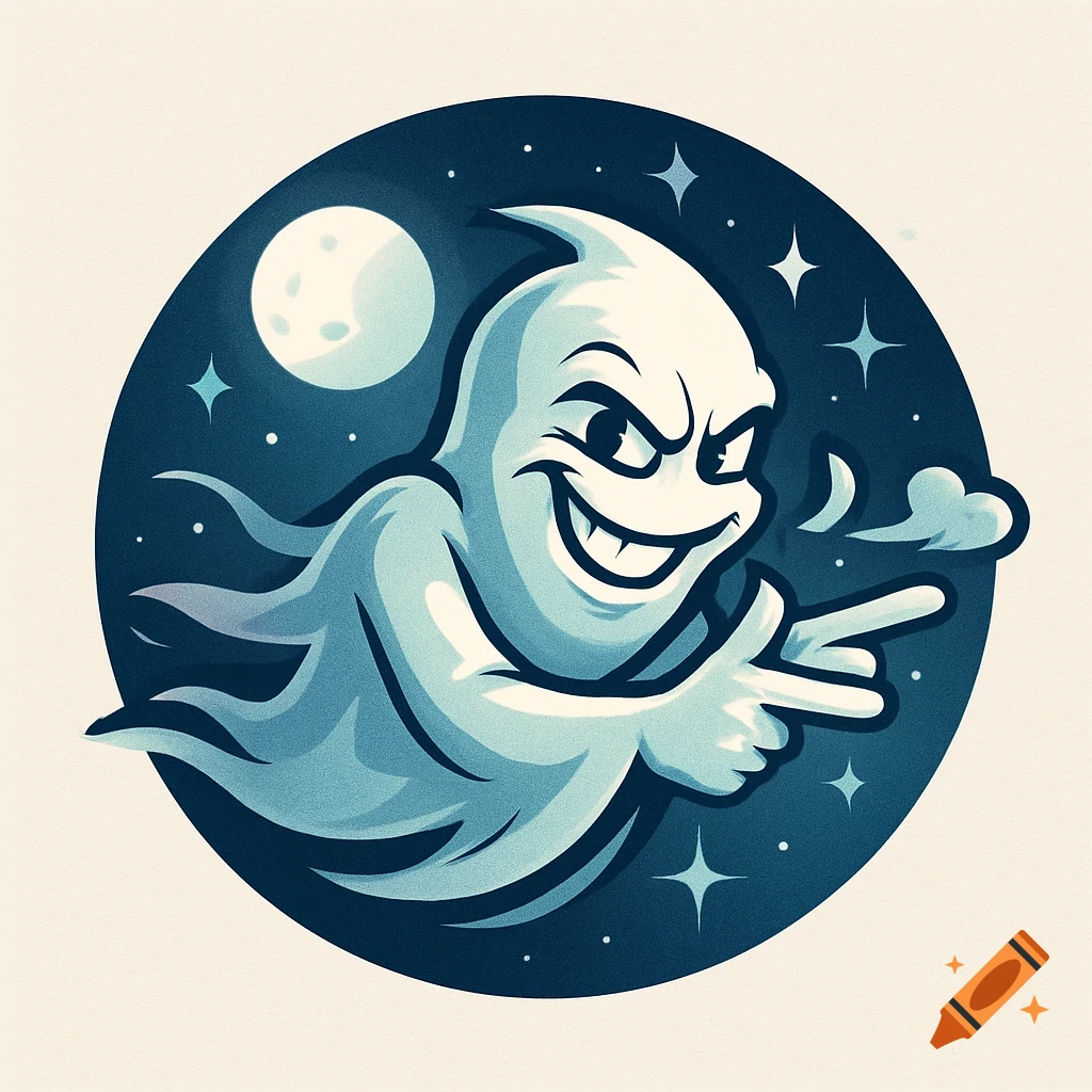 Cheeky cartoon ghost makes finger guns, flying in a starry night sky with a full moon. Circular logo illustration.