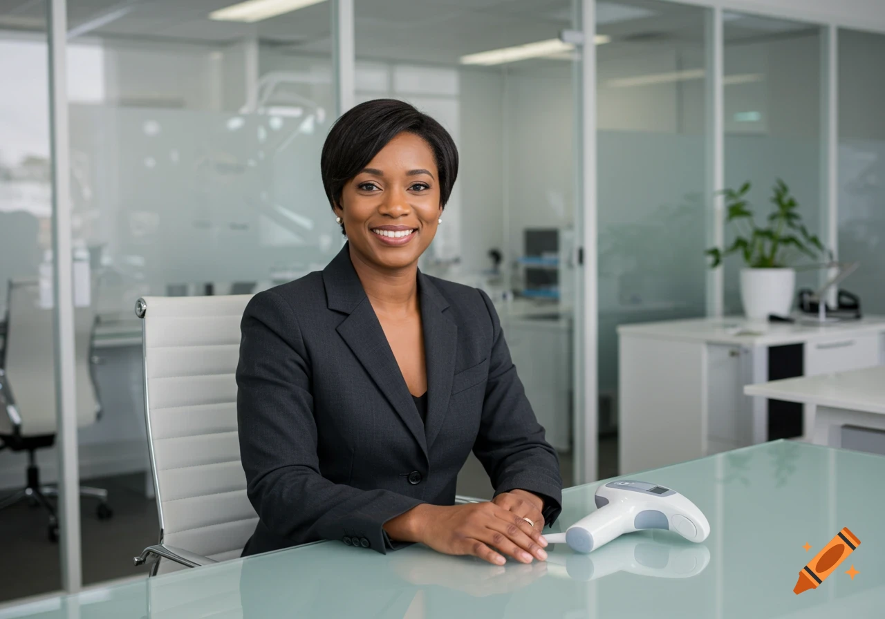 A smiling professional woman in a business suit sits at a modern office desk with a handheld device.