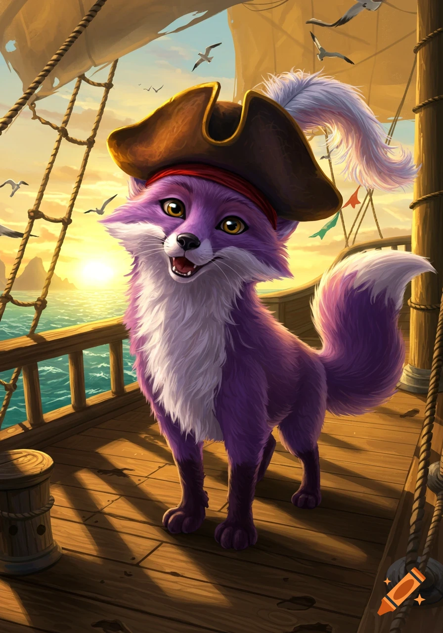 A smiling purple fox with a white chest and tail tip wears a brown pirate hat on the deck of a ship at sunset with gulls flying.