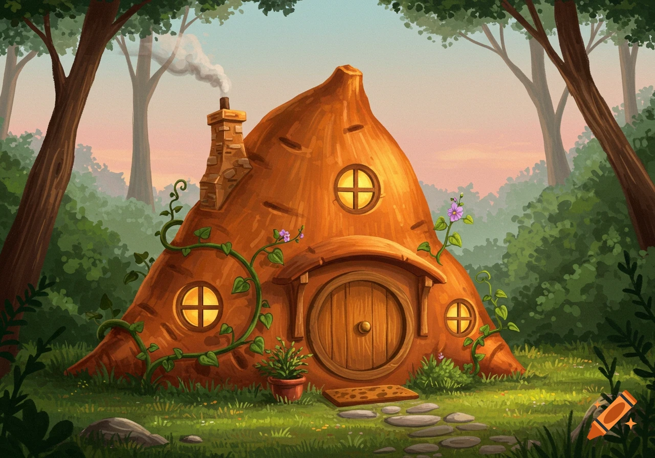 A whimsical, cartoonish house shaped like a sweet potato with a chimney and round windows, nestled in a vibrant green forest at dusk.