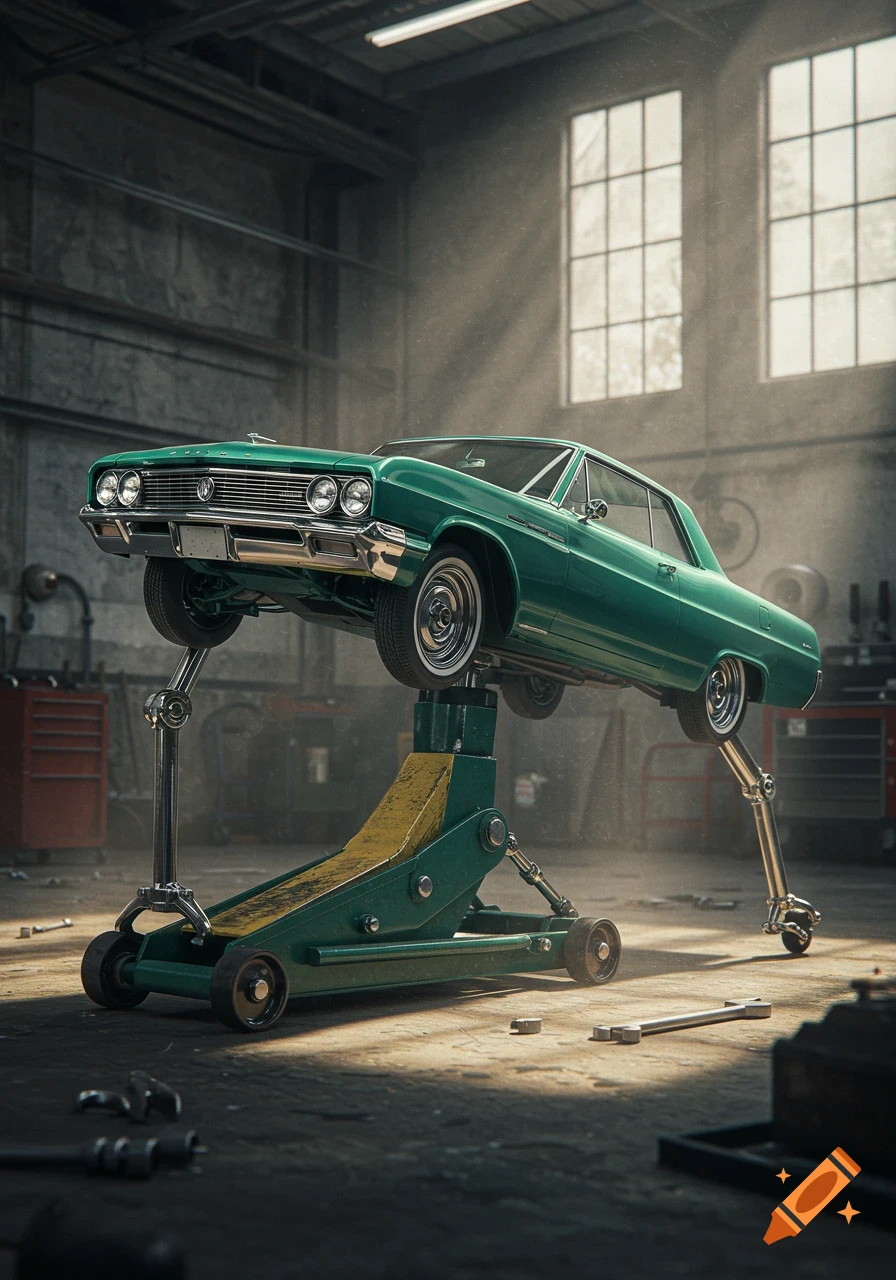 A photorealistic green 1964 Buick Special coupe lifted on a robotic jack in a dusty garage with tools on the floor.