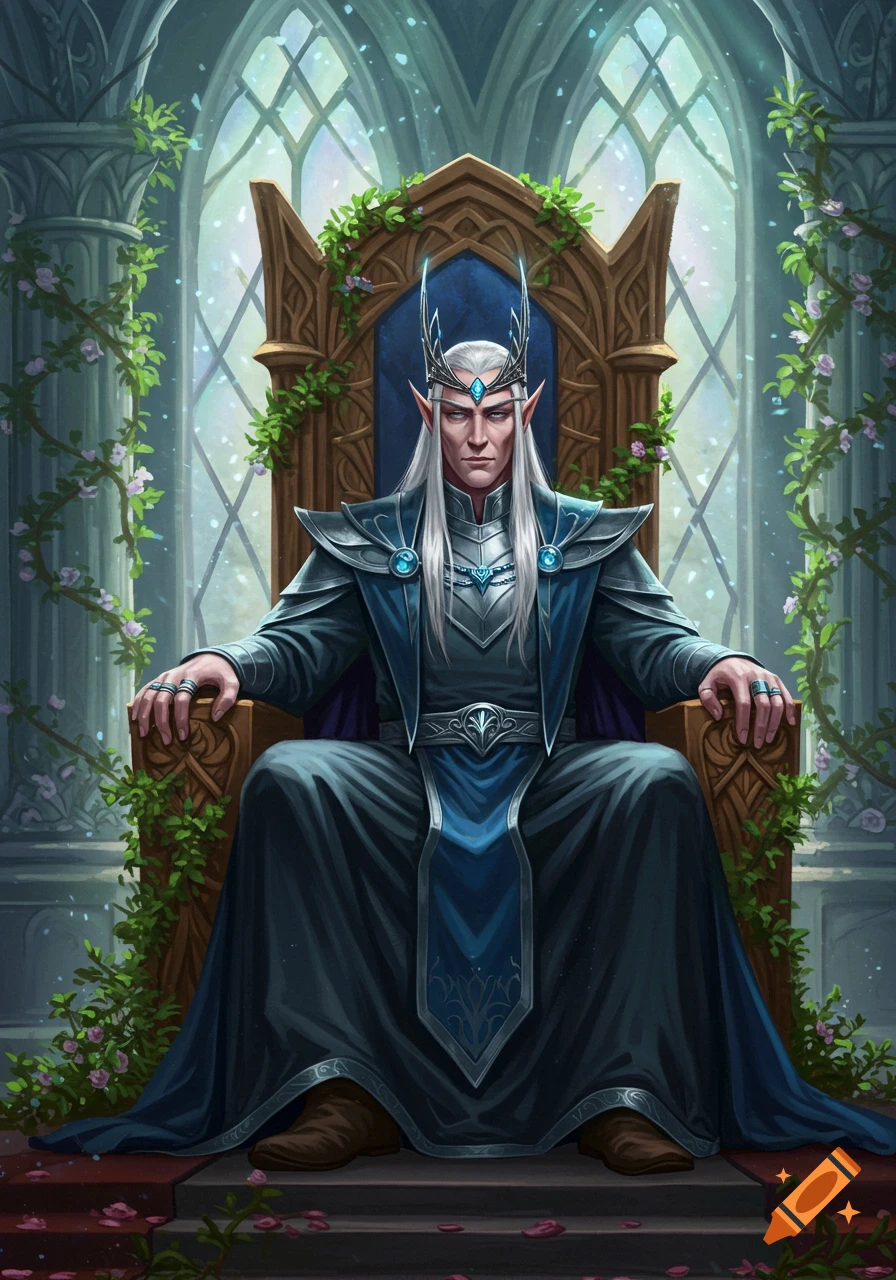 A regal elven king with long white hair and a crown, dressed in blue and silver armor, sits on a stone throne adorned with green vines and pink flowers.