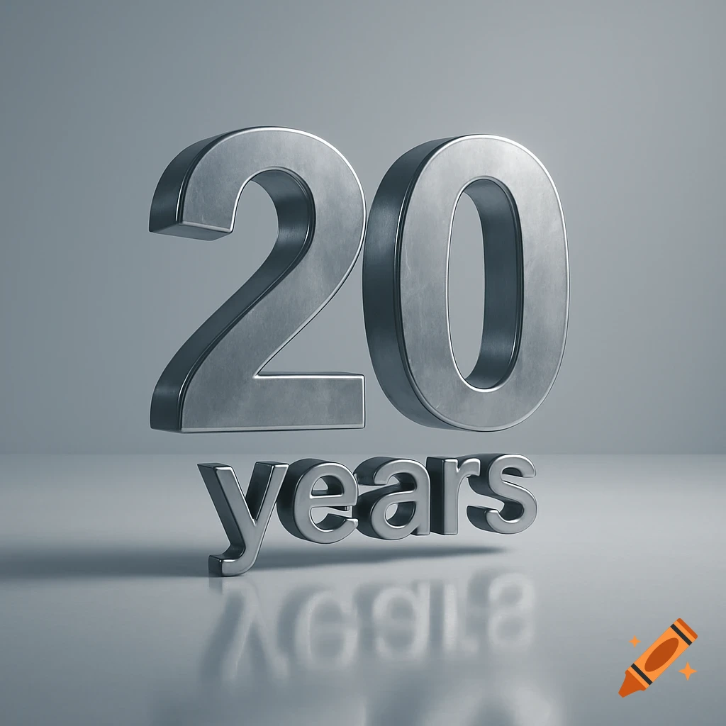 3D metallic numbers '20' floating above a reflective surface with the word 'years' below.