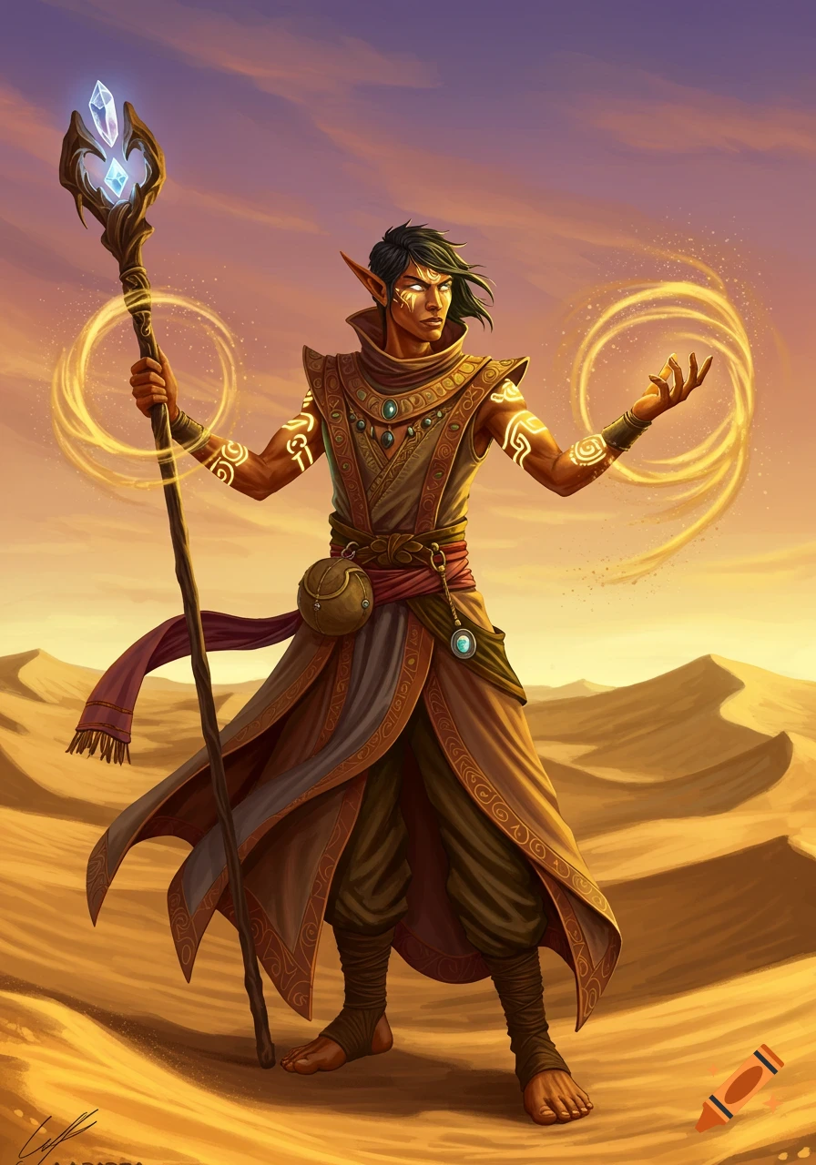 A desert elf wizard with glowing tattoos holds a crystal staff and casts magic, standing in a vast desert at sunset.