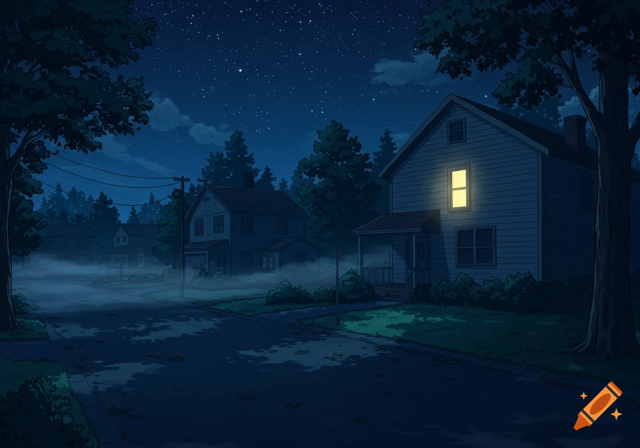 An anime-style image of a peaceful North American suburban street at night, with a calm, star-filled sky and one house glowing with a soft yellow light.