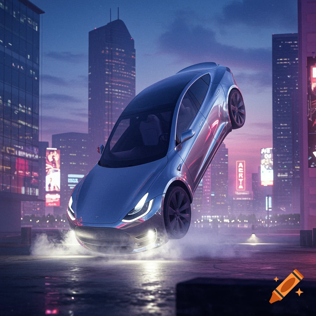 A metallic blue Tesla car floats vertically above a wet city street at dusk, emitting white smoke, with blurred city skyscrapers and neon signs in the background.