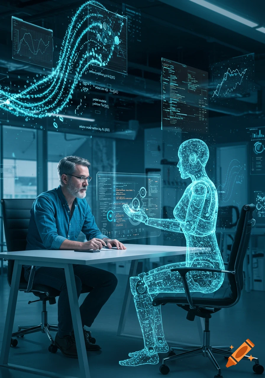 A man in an office setting sits at a desk across from a holographic blue AI figure, surrounded by futuristic data screens.
