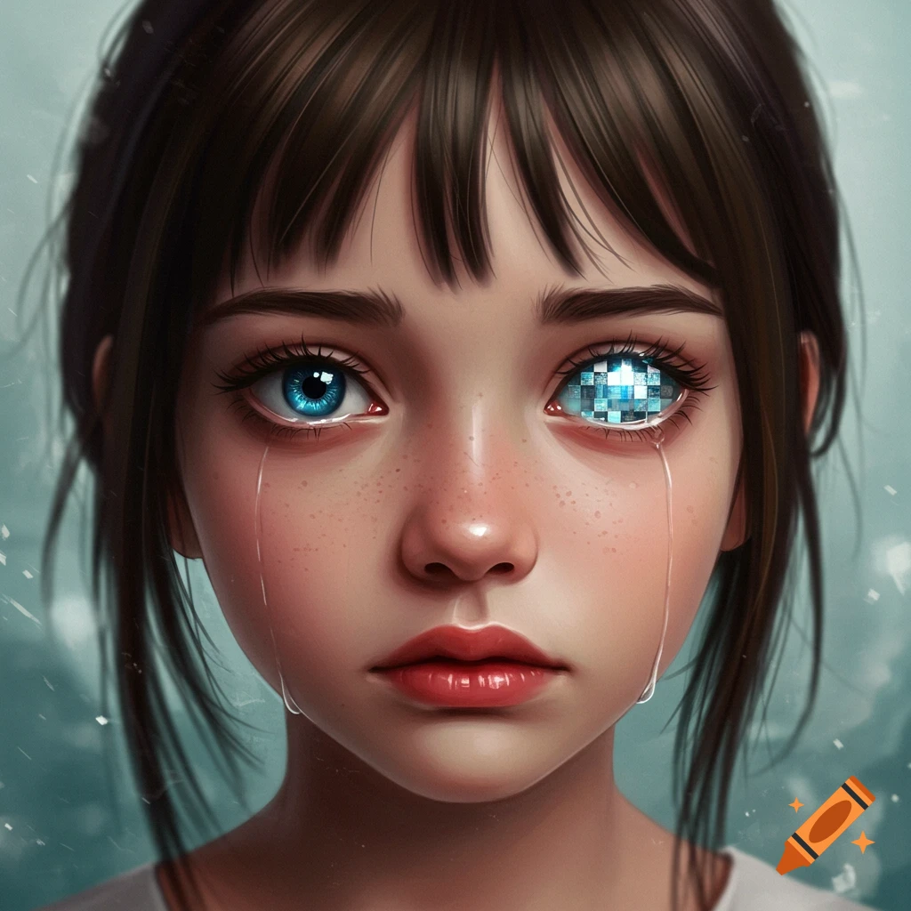A digital art portrait of a crying girl with brown hair, one blue eye, and one pixelated eye.