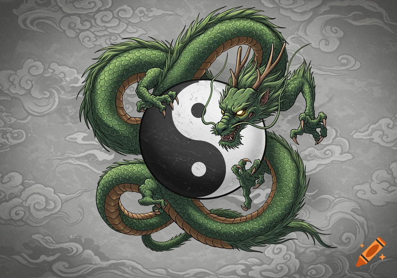 A green Chinese dragon with glowing yellow eyes wrapped around a black and white Yin Yang symbol on a gray background with cloud patterns.