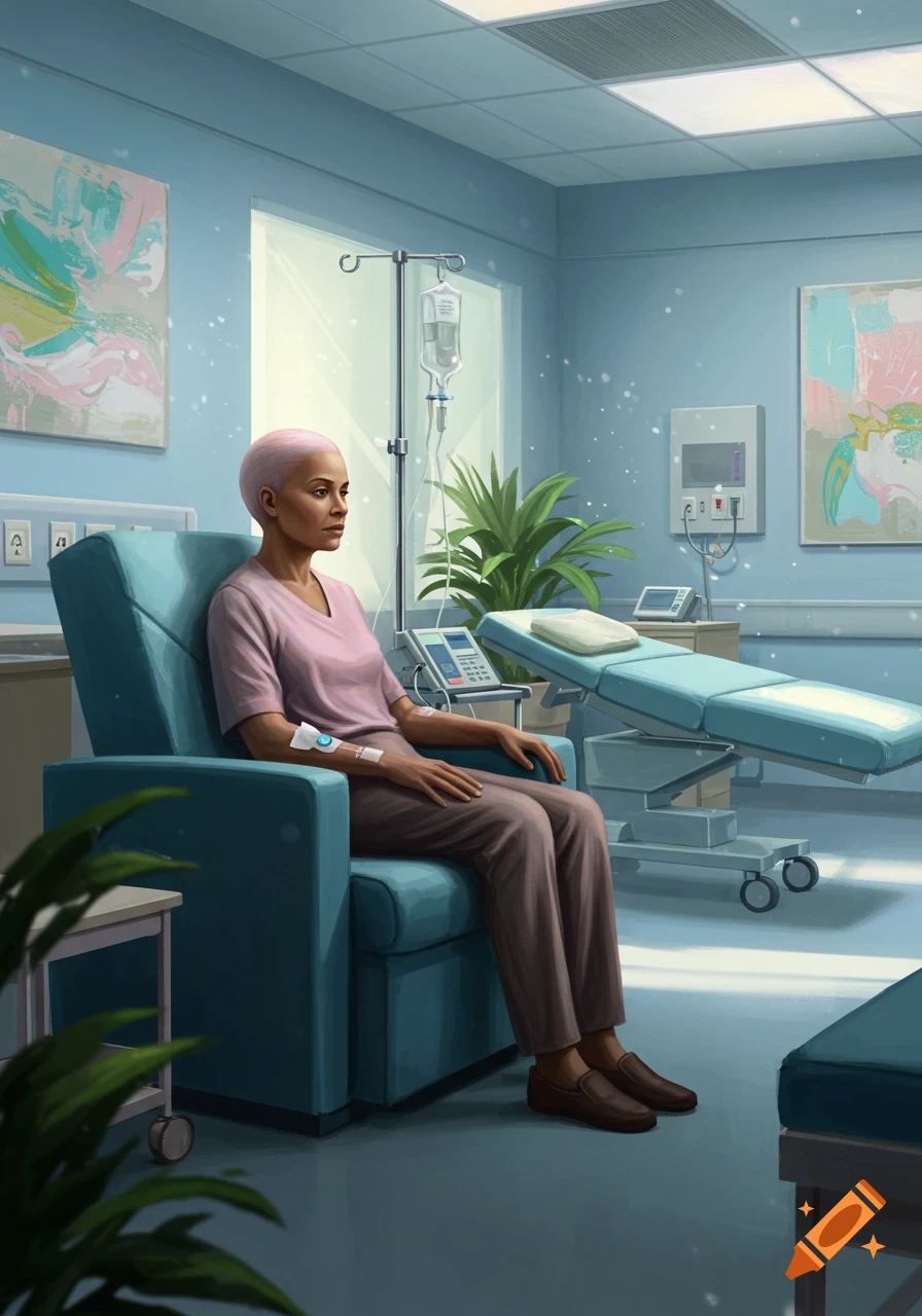 A bald woman sits in a teal chair in a bright hospital room, connected to an IV drip.