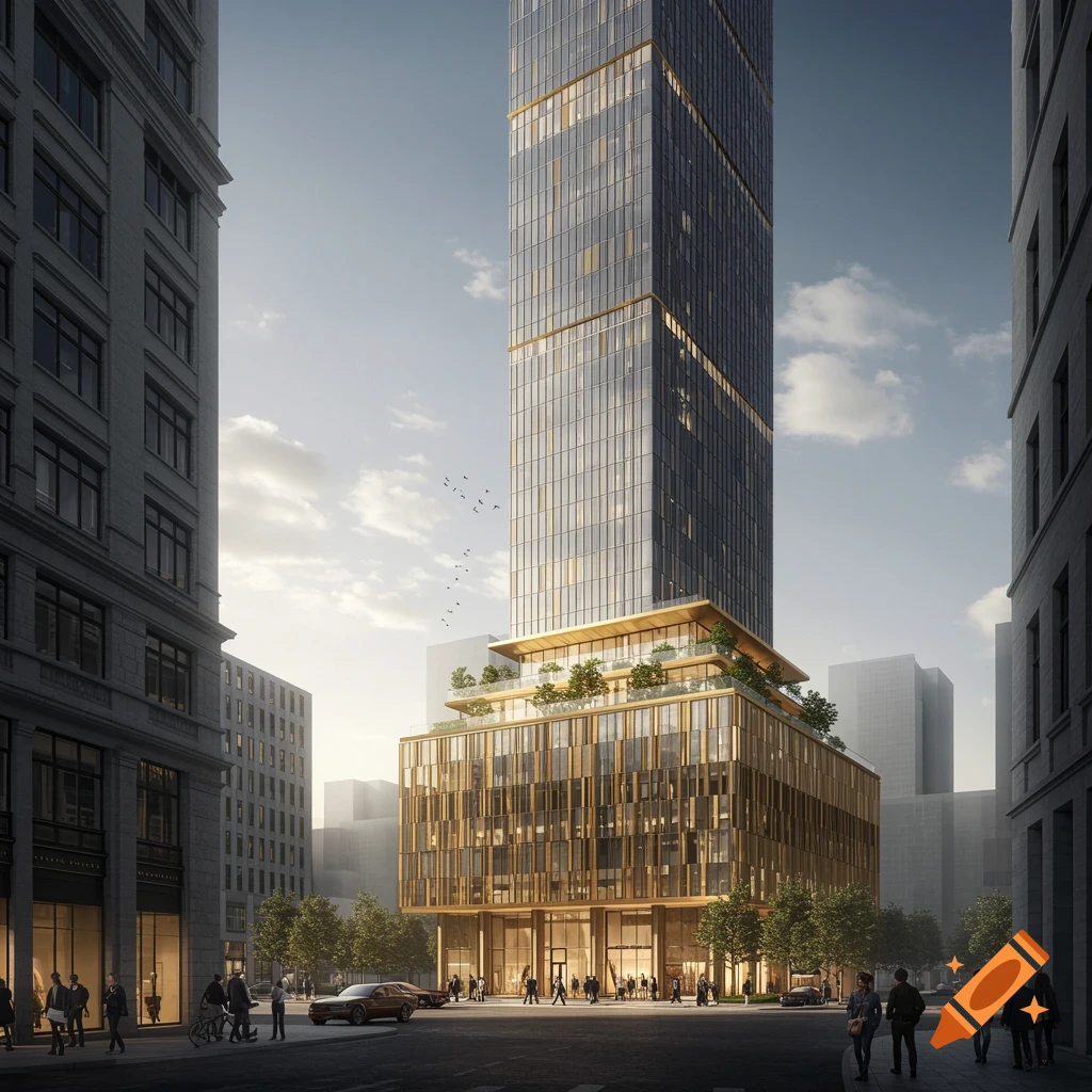 A photorealistic image of a tall, modern skyscraper with a golden base and glass facade in a bustling city street.