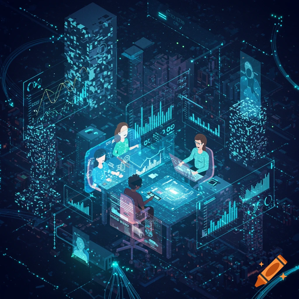 An isometric view of a digital cityscape with translucent blue holographic screens displaying data and graphs. Four diverse individuals interact around a central table, engaging with the holographic interfaces, representing data analysis and teamwork in a high-tech environment.