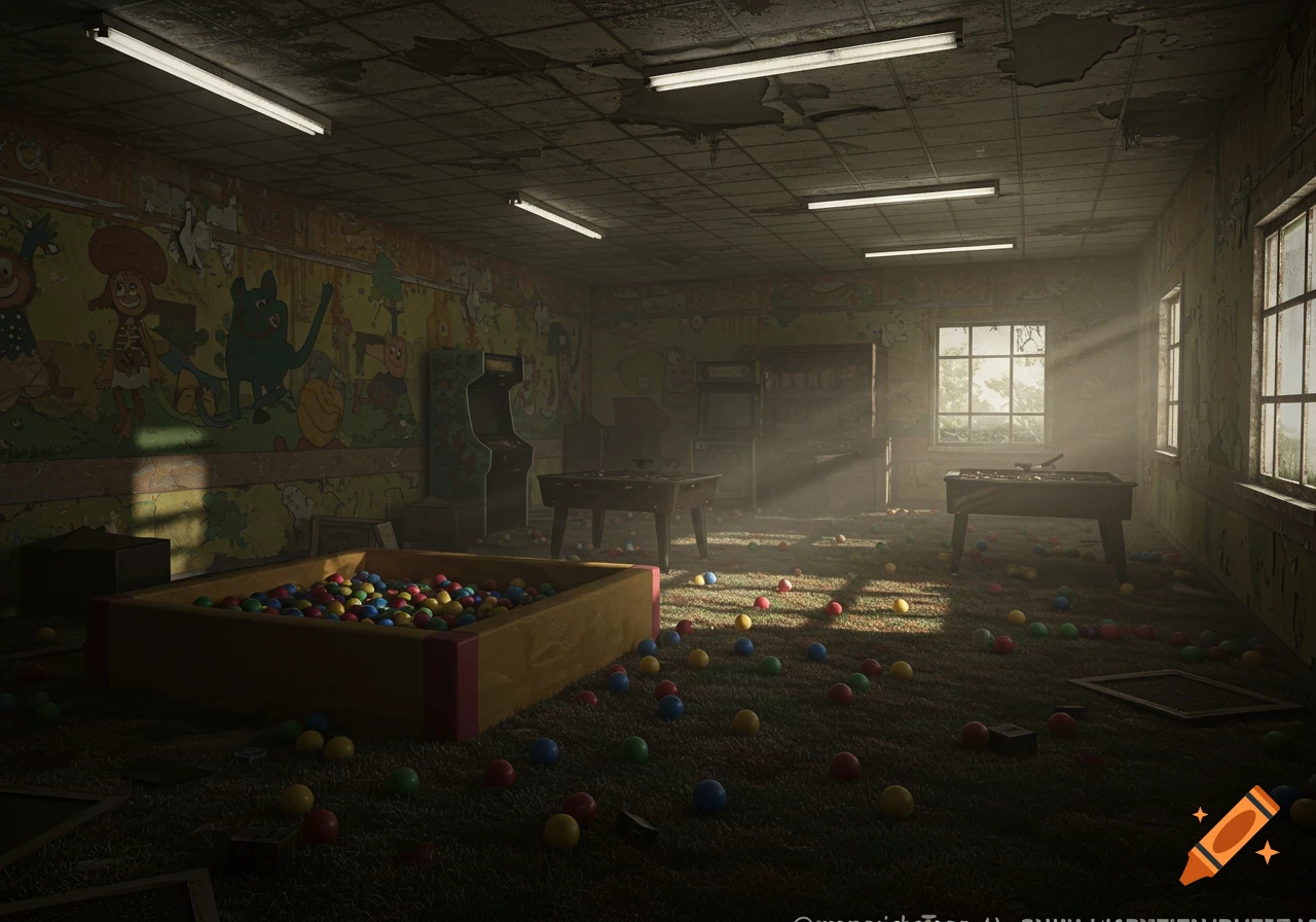 An abandoned, decaying indoor playhouse with a ball pit, scattered balls, and arcade machines. Sunlight streams through dusty windows.