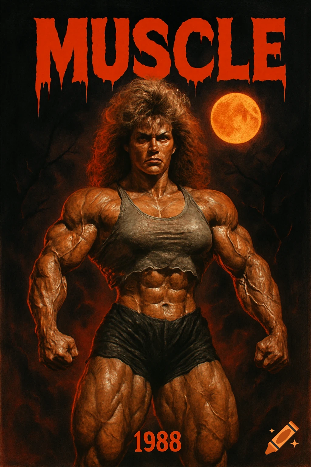 Horror movie poster of a muscular female bodybuilder in a tank top and shorts, under a full moon, with 'MUSCLE' and '1988' text.