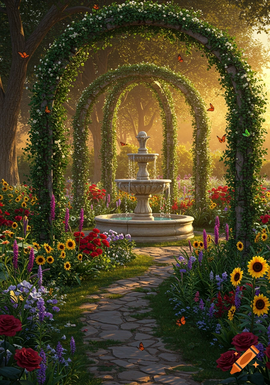 A sunlit garden path leads to a tiered fountain, surrounded by lush archways, vibrant flowers including sunflowers and roses, and butterflies.