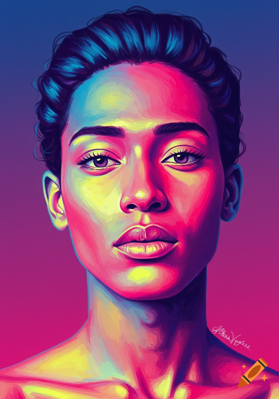 A close-up vibrant digital art portrait of a person with colorful skin tones against a purple background.
