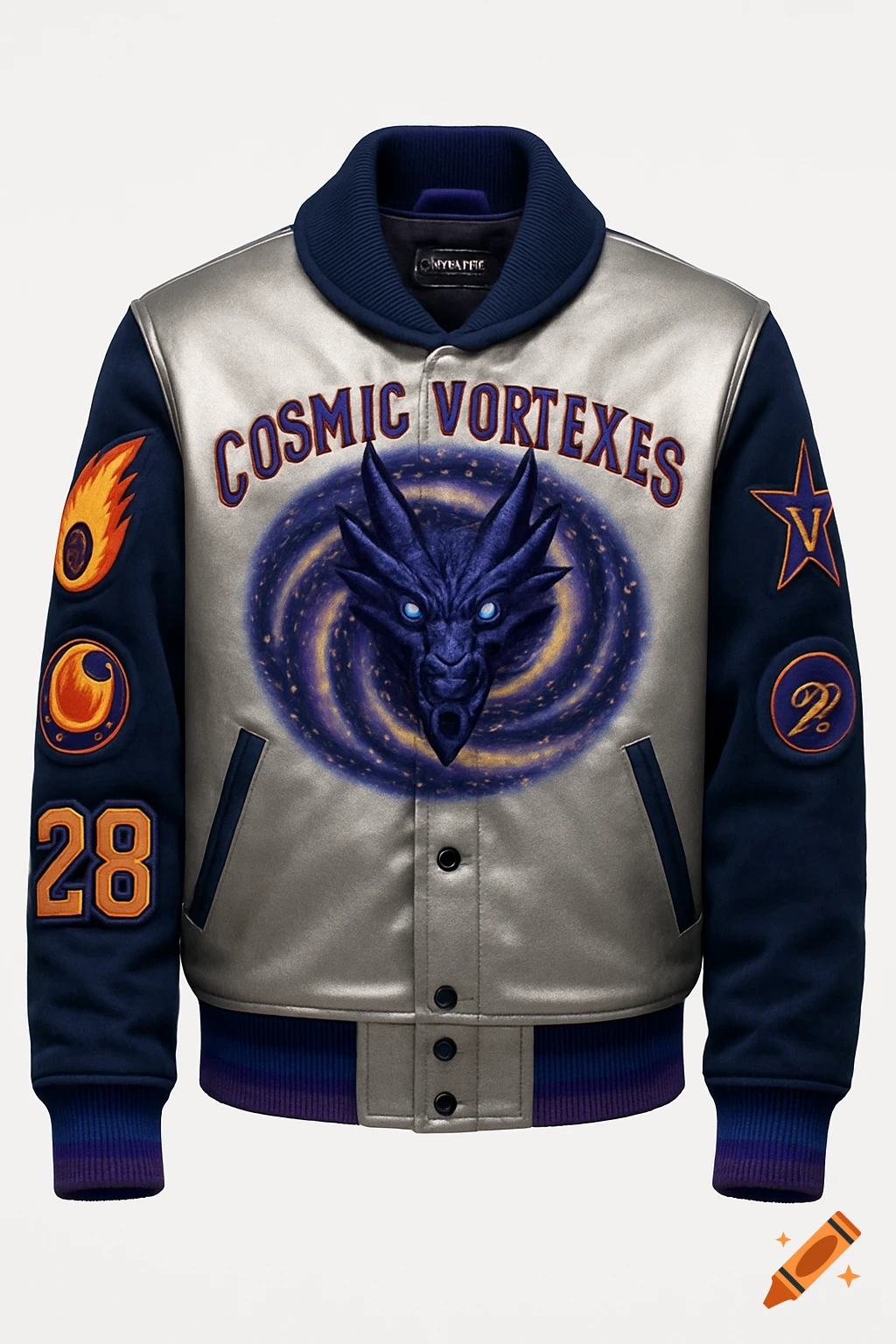 A front-view mockup of a silver and navy varsity jacket with a blue dragon head over a cosmic vortex and "COSMIC VORTEXES" text.