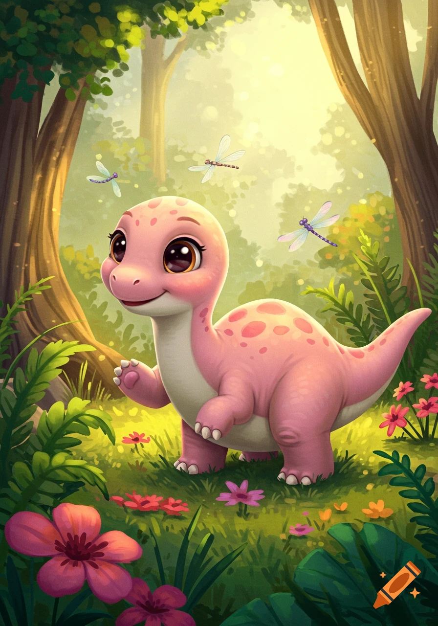 A cute pink cartoon dinosaur with big eyes smiles in a lush green forest with flowers and dragonflies under a bright sky.