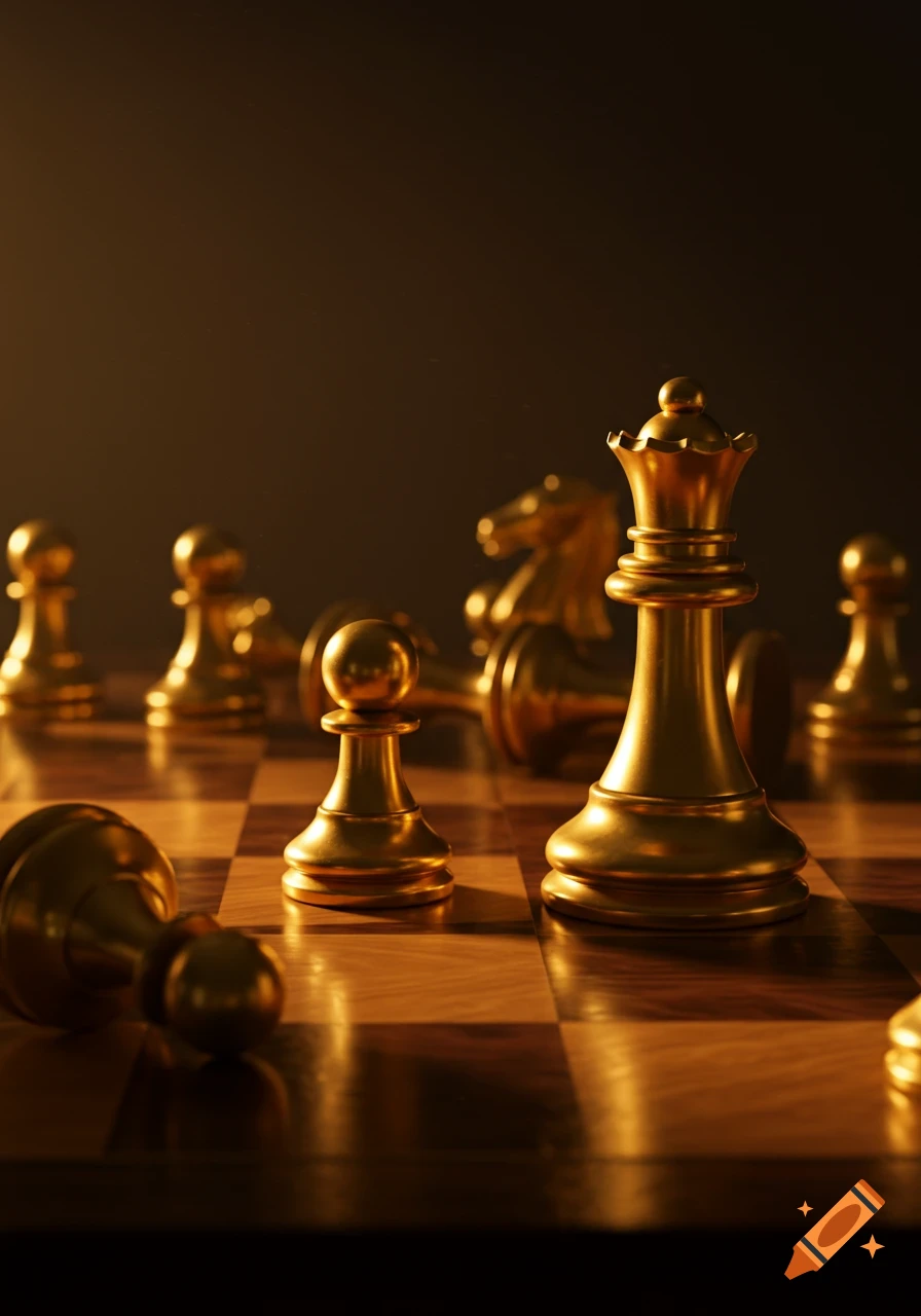 Golden chess queen facing a pawn on a mahogany board, other gold pieces toppled. Warm golden light, photorealistic still life.