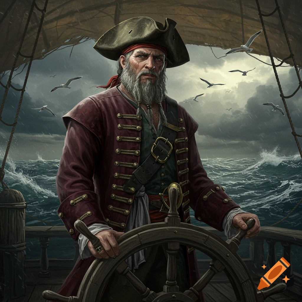 An old pirate with a beard and hat steers a ship through a stormy sea. Digital painting.