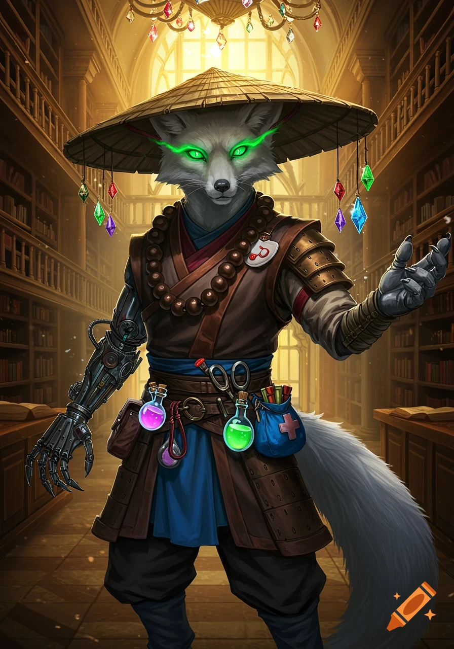 A detailed illustration of an anthropomorphic white fox in a library. It wears a monk-like outfit, an Asian straw hat with hanging gems, and has a glowing green eye and a prosthetic steampunk right arm with medical tools.