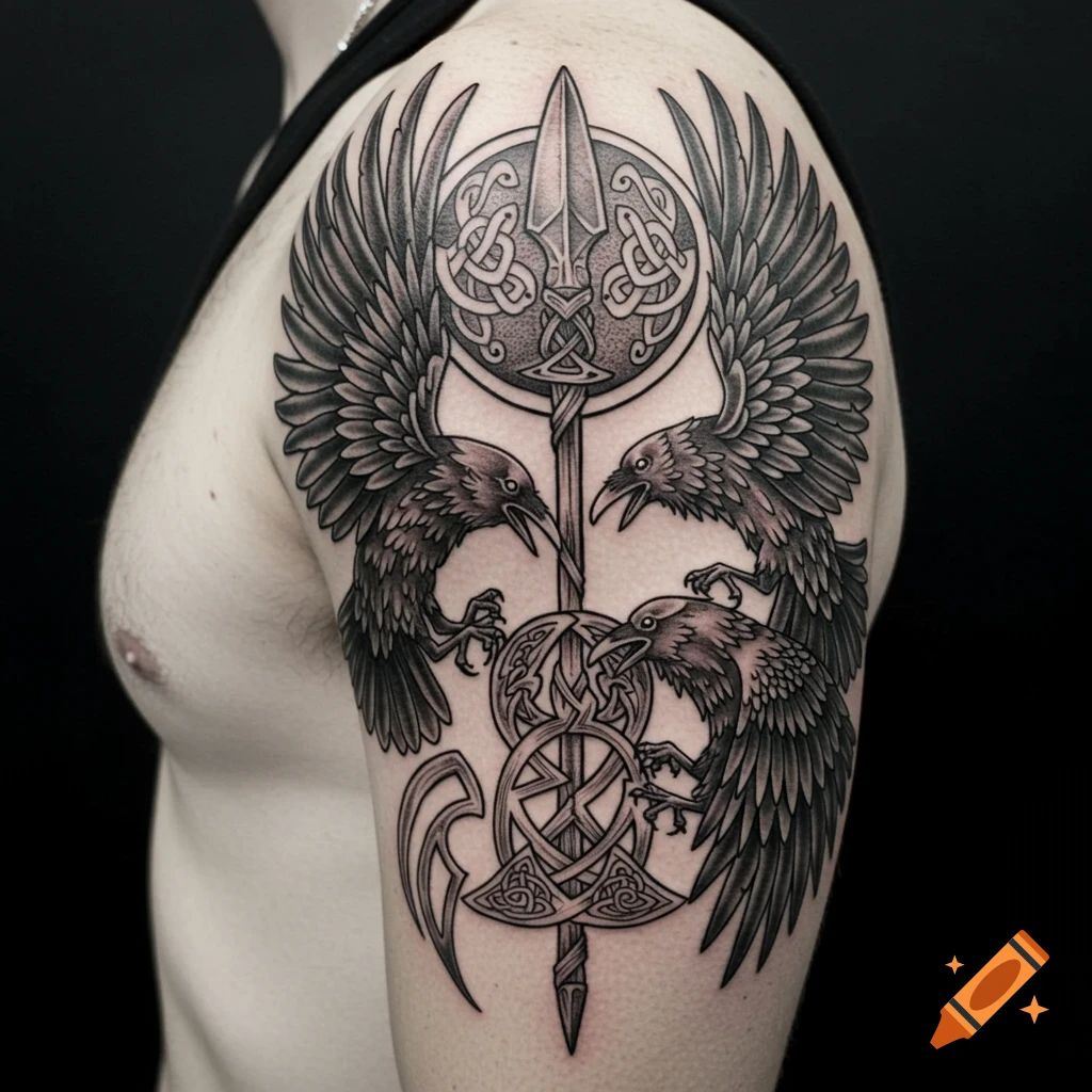 A detailed black and grey shoulder tattoo featuring three stylized ravens, a spear, and intricate Celtic knotwork designs.