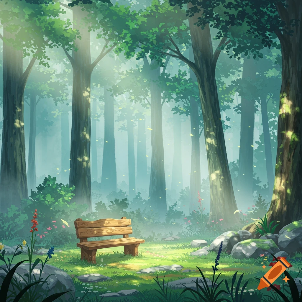 A misty anime forest with a wooden bench bathed in sunlight, surrounded by trees, rocks, and small flowers.