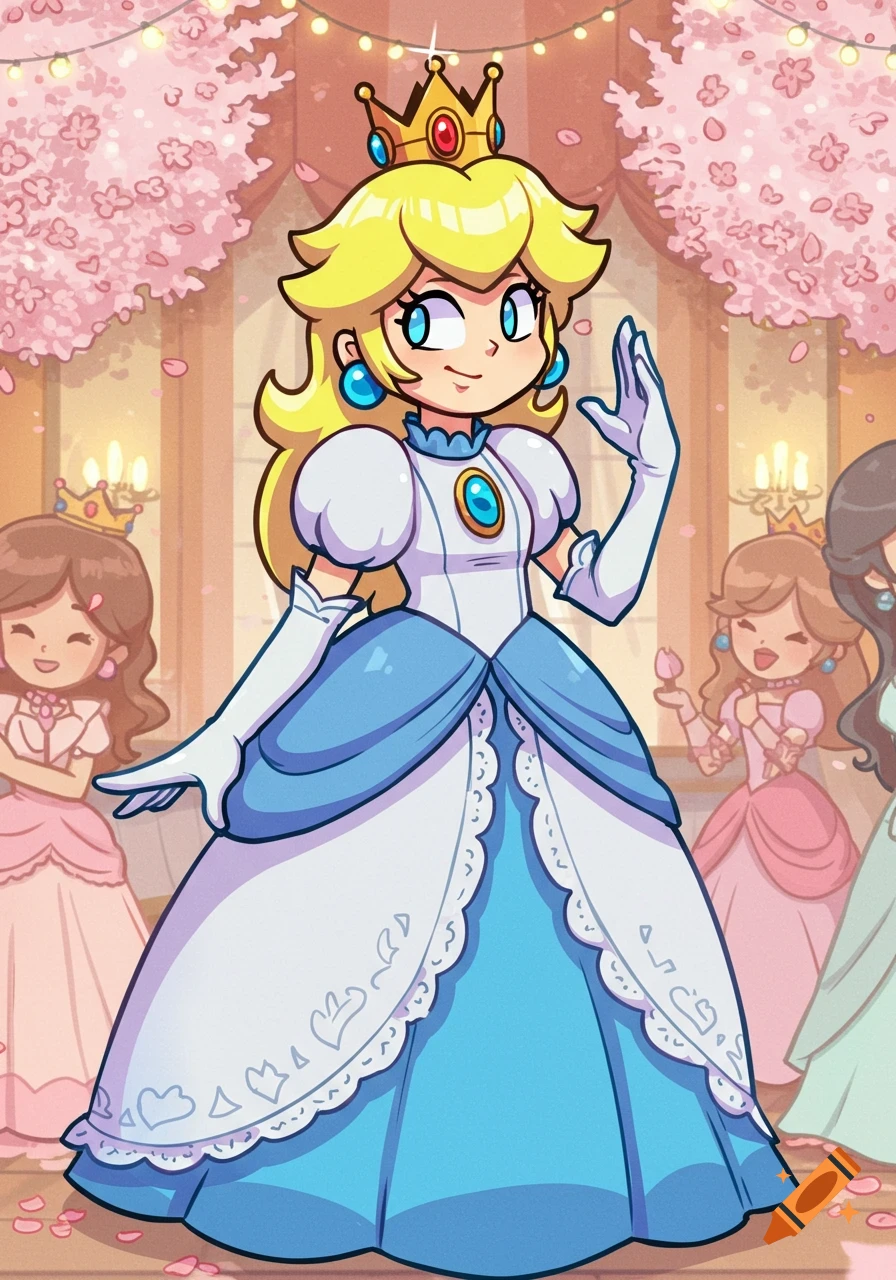 A cartoon princess resembling Peach in a white and blue ballgown, long white gloves, and a crown, waving amidst cherry blossoms at a royal event with other princesses.