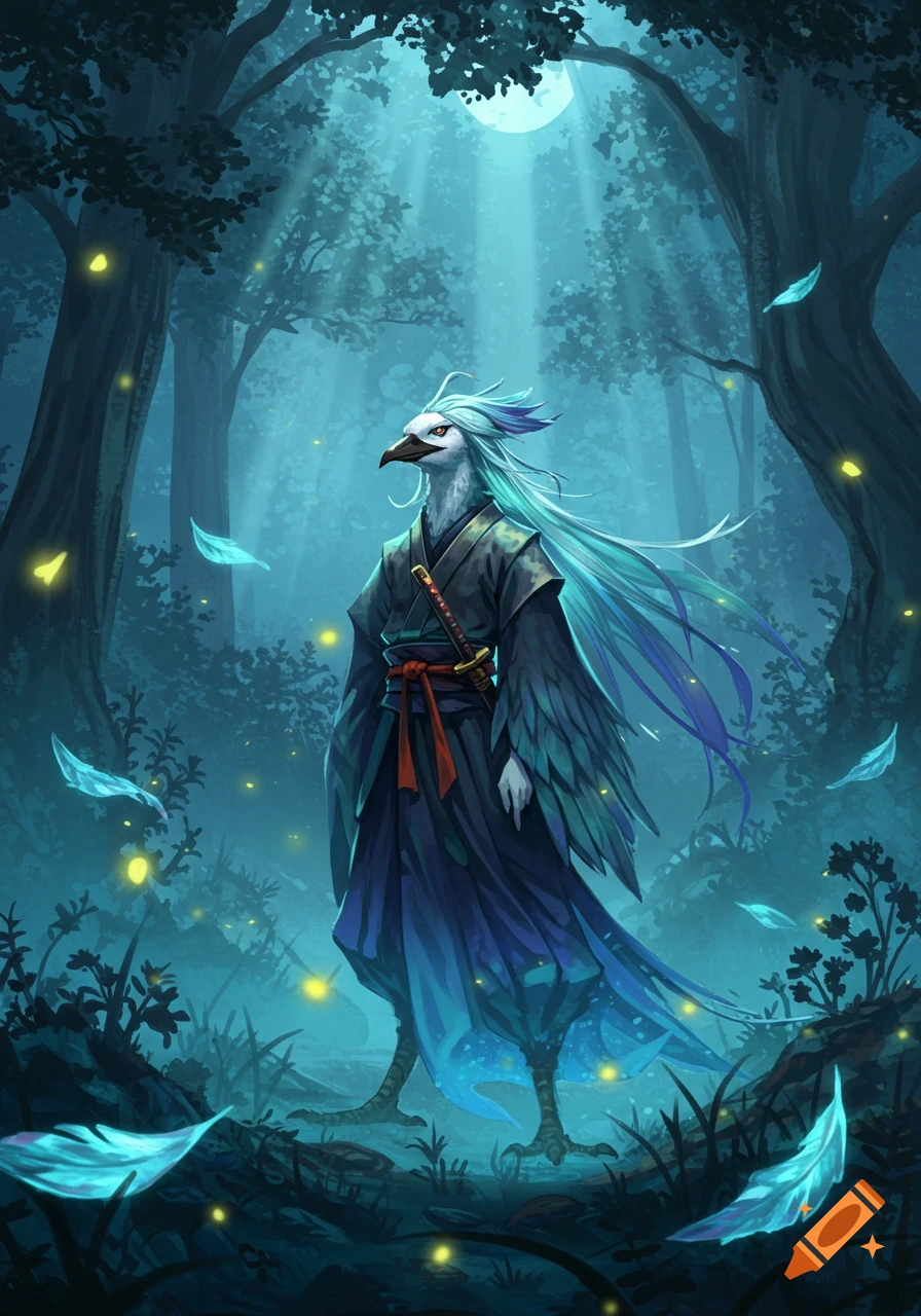 A bird-like humanoid in a kimono stands in a moonlit fantasy forest, with glowing fireflies and blue feathers floating.