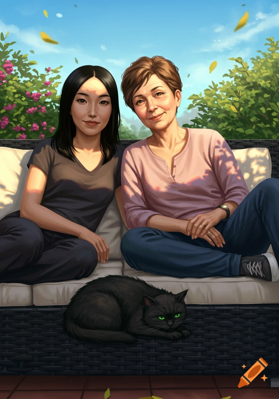 An illustration of two women and a black cat sitting on an outdoor lounge in a sunny garden.
