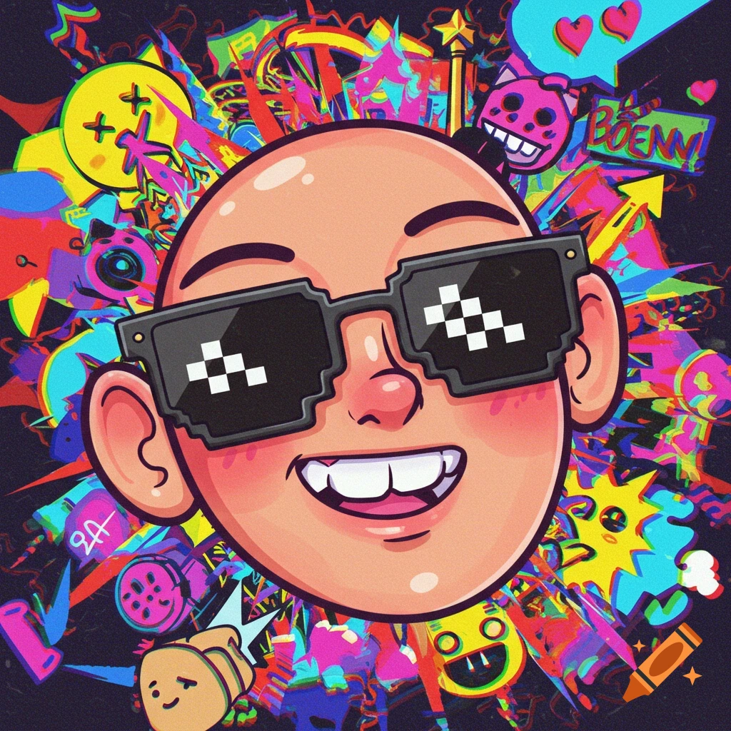 A cartoon character with a bald head and pixelated sunglasses smiles against a vibrant, chaotic, graffiti-style background.
