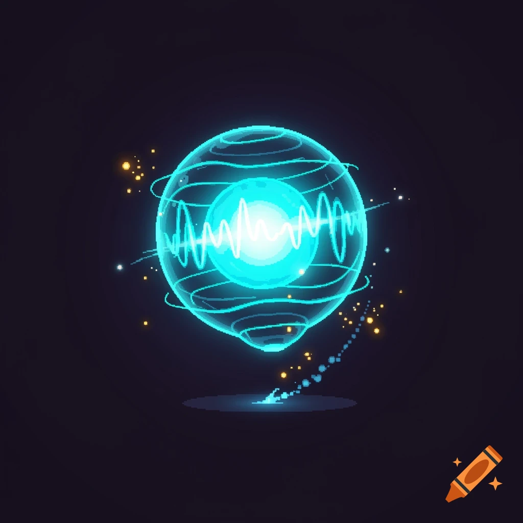 Pixel art illustration of a glowing blue energy orb with a white sine wave pattern inside, surrounded by sparkling light on a dark background.