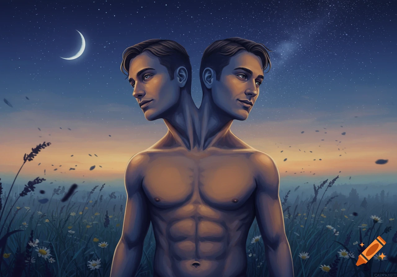 A shirtless man with two heads standing in a moonlit field with flowers and a starry sky.