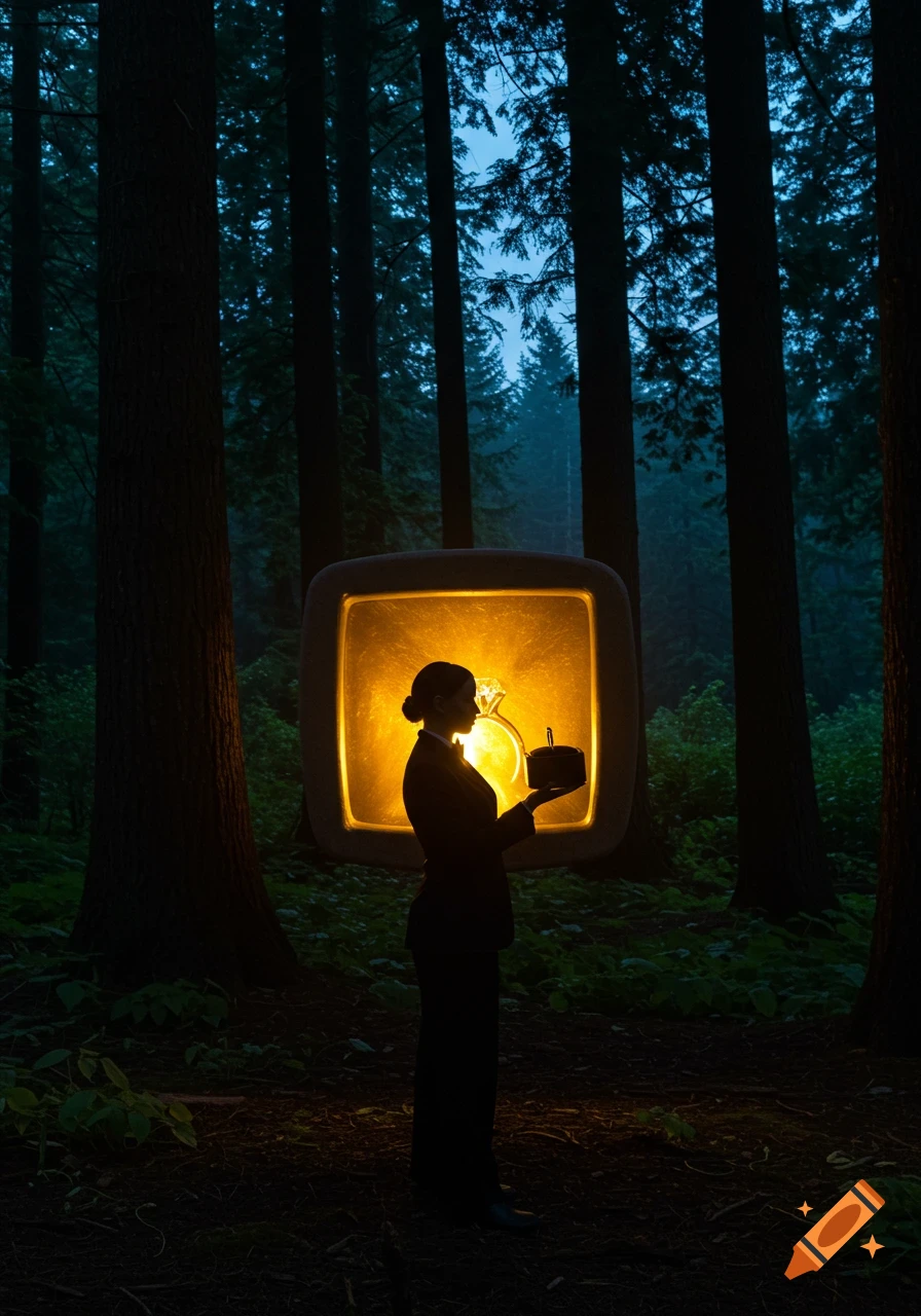 A silhouette of a woman stands in a dark forest, holding a small object while a large glowing engagement ring is displayed on a screen behind her.