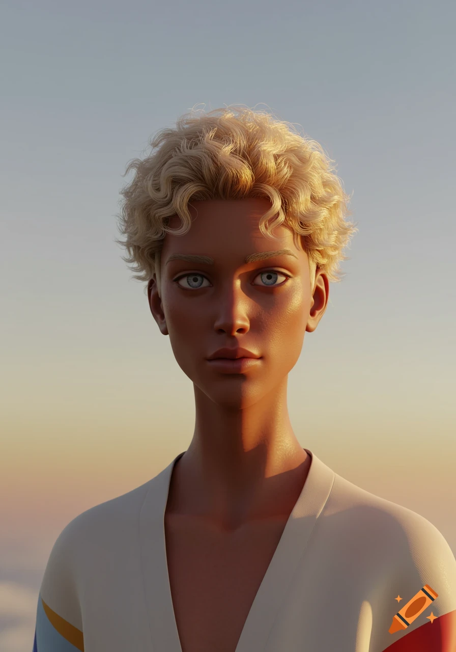 A close-up digital art portrait of an androgynous person with short, curly blonde hair and blue eyes, against a soft gradient sky.