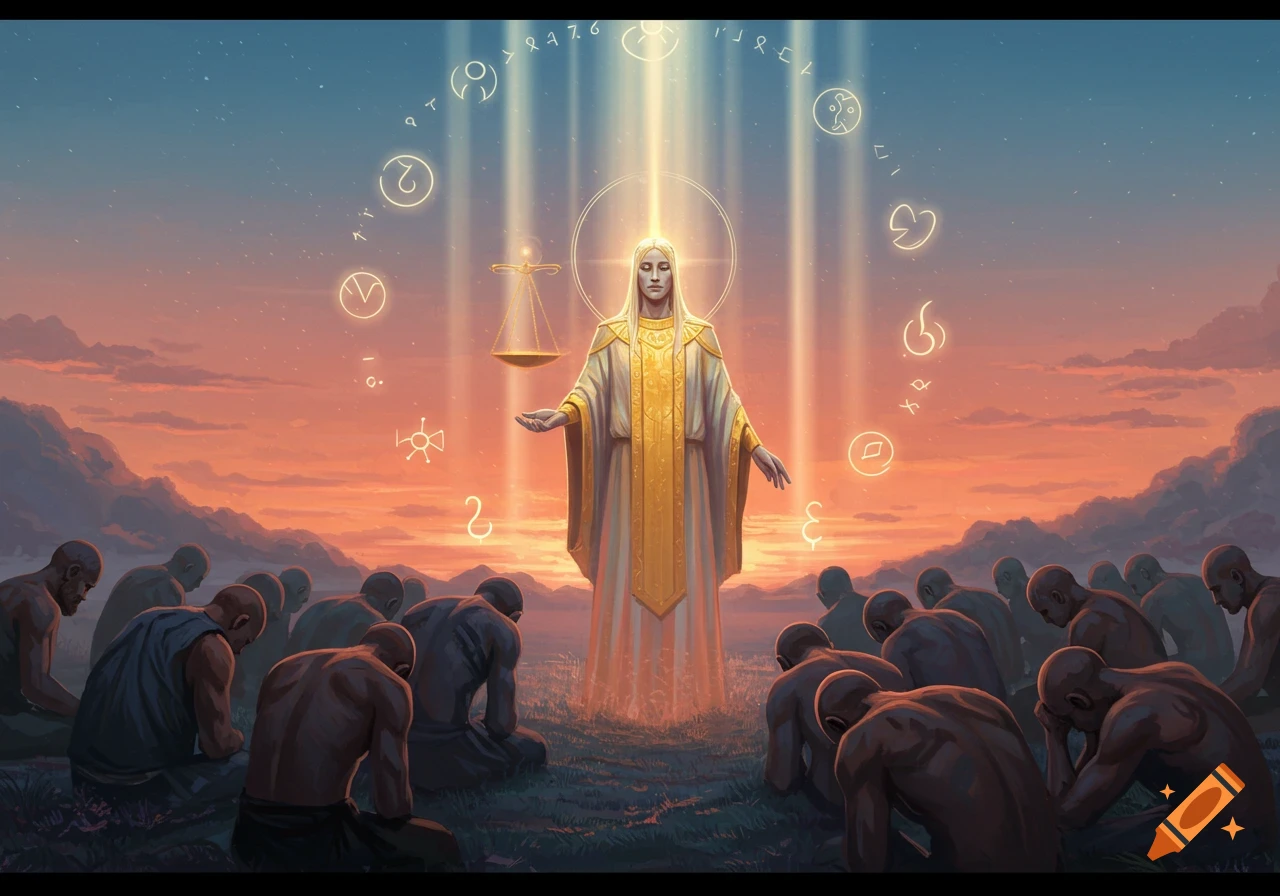 A radiant divine figure in golden robes stands over a crowd of kneeling people in a grassy field at sunset, with a glowing scale and mystical symbols.